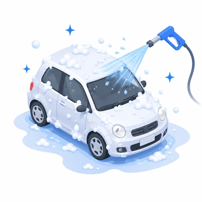 無料洗車を表す泡と水で洗車されている車のアイソメトリックアイコン