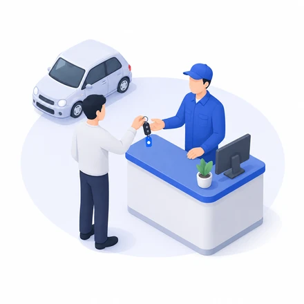 受付で車の鍵を預けるアイソメトリックイラスト